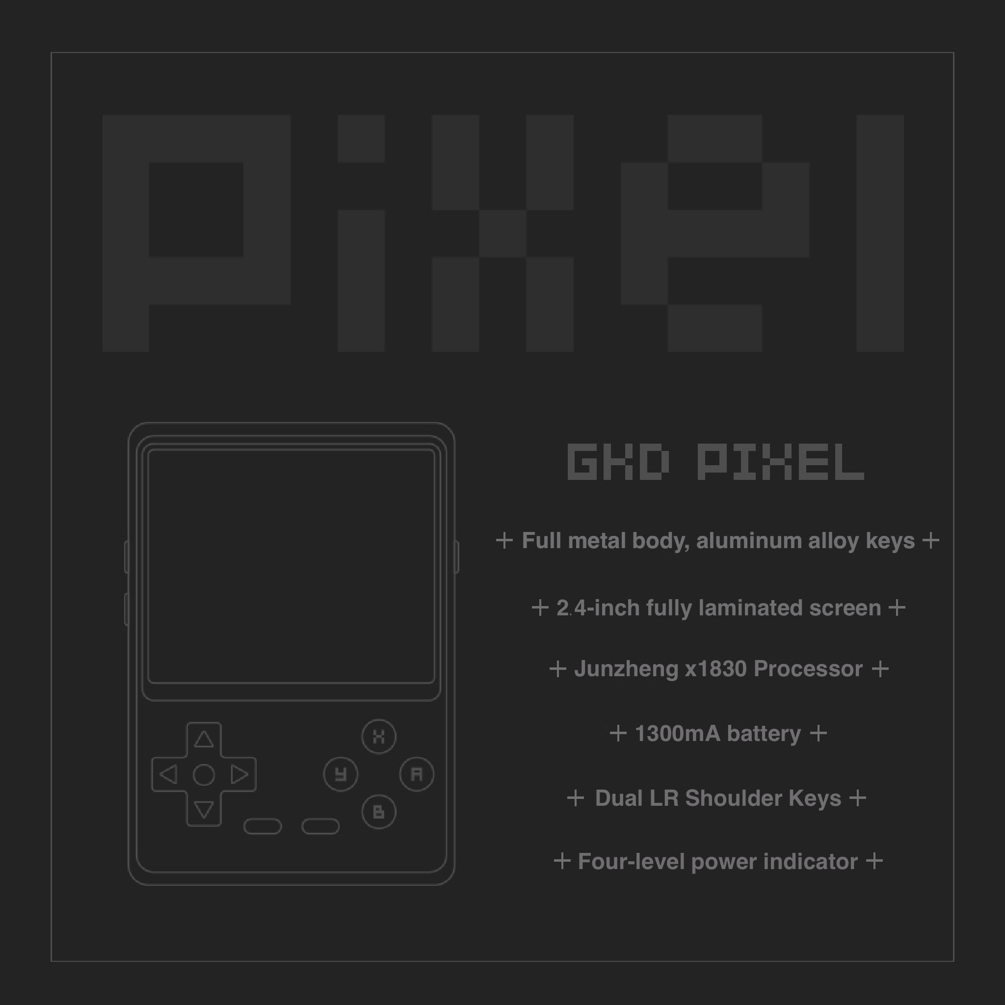 GKD Pixel Handheld Game Console Alloy CNC Body 2.4’’ IPS Screen IUX Ingenic X1830 128MB DDR2 RAM Battery 1300mAh Four-Level Power Indicator Multimedia Media Video Player KeyChain over 34 Emulators with 10K games pre-installed